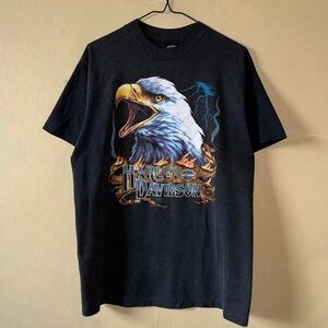 Vintage 1990 Harley Davidson 3D Emblem Eagle Screaming Lightening Flame Icon Tee